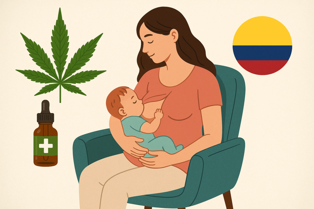 women breastfeding, cannais leaf, jar, colombia flag