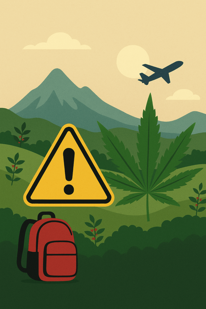 montañas, avion, hoja de cannabis, signo de advertencia, morral